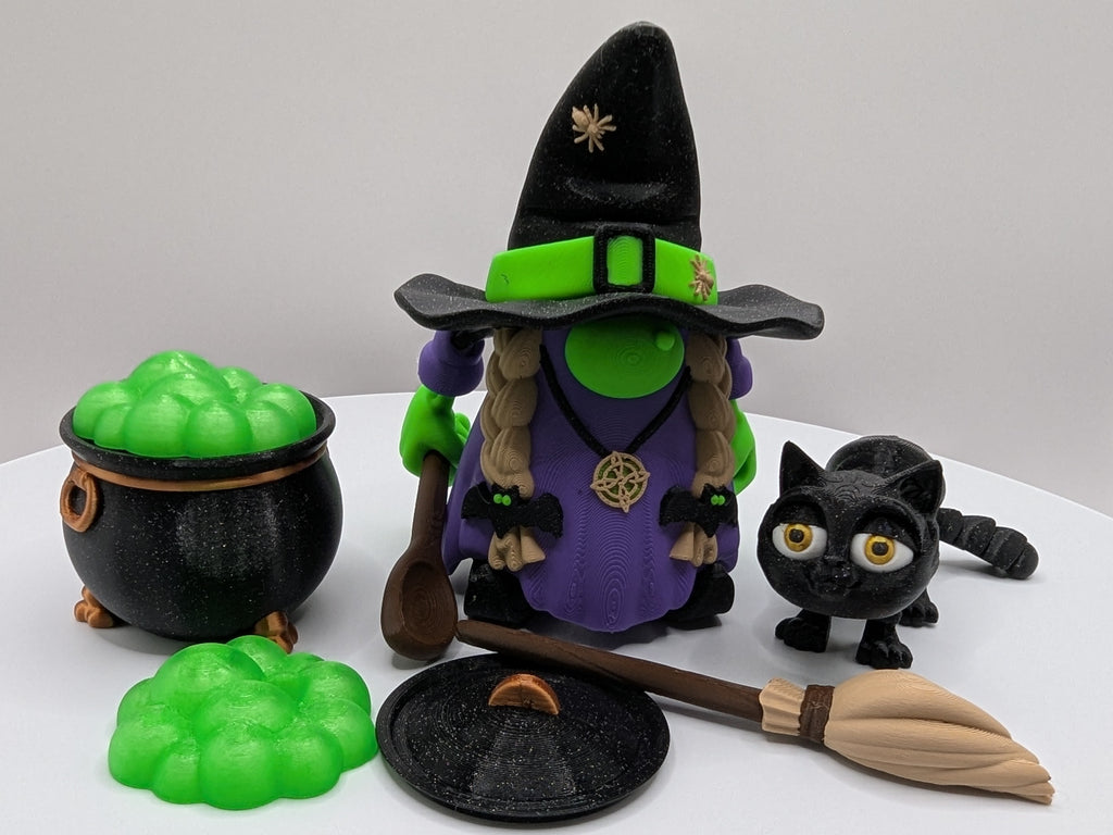 Fun Gnome Witch and Black Cat Halloween Decor Set