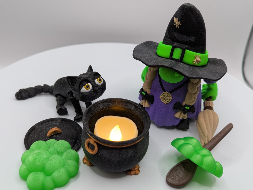 Fun Gnome Witch and Black Cat Halloween Decor Set