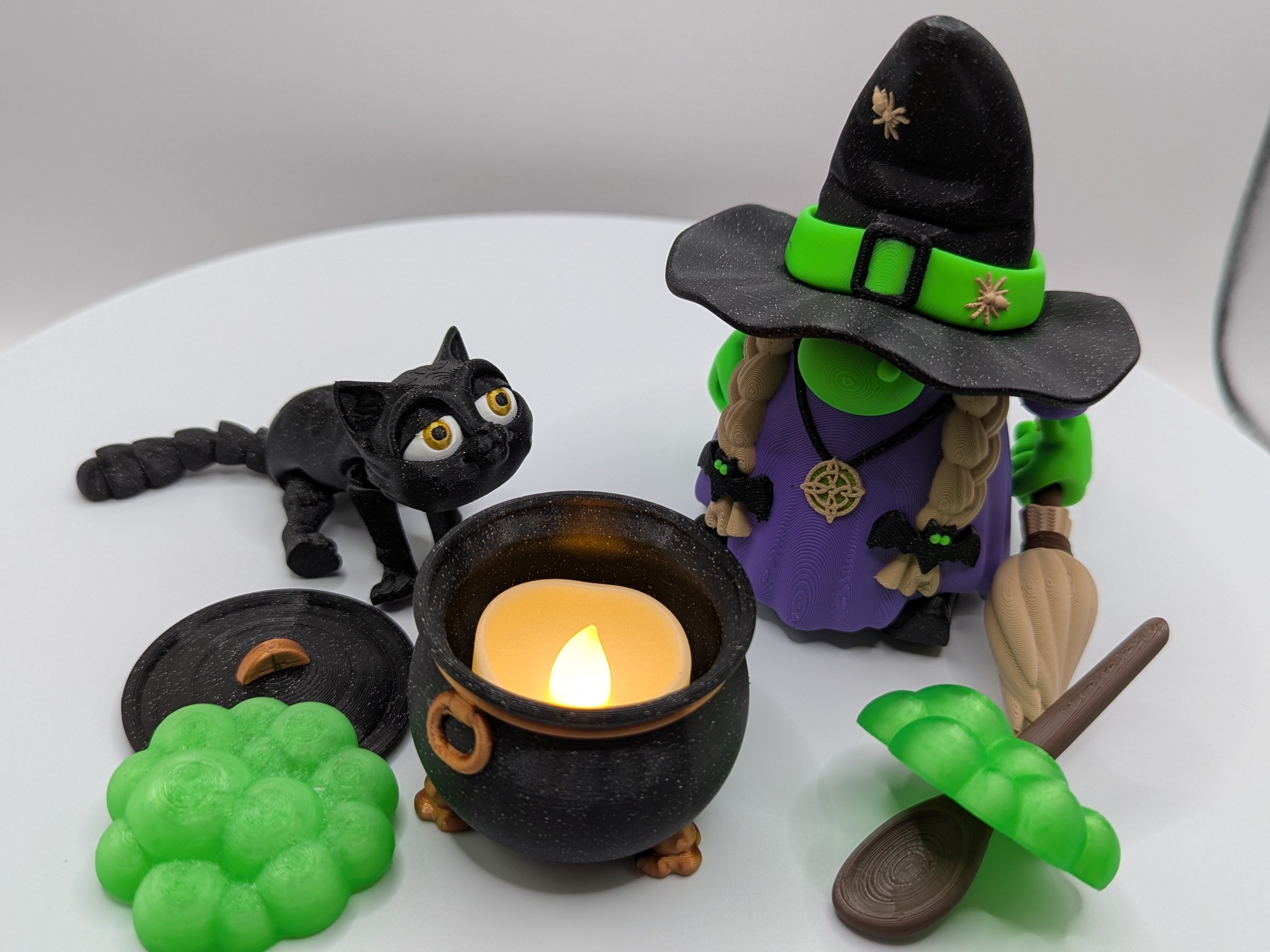 Fun Gnome Witch and Black Cat Halloween Decor Set