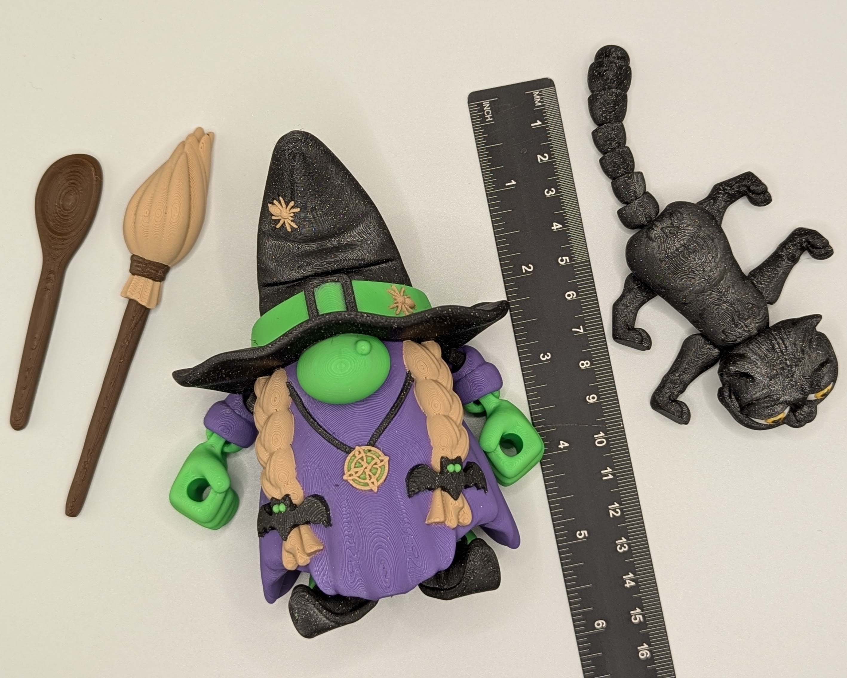 Fun Gnome Witch and Black Cat Halloween Decor Set